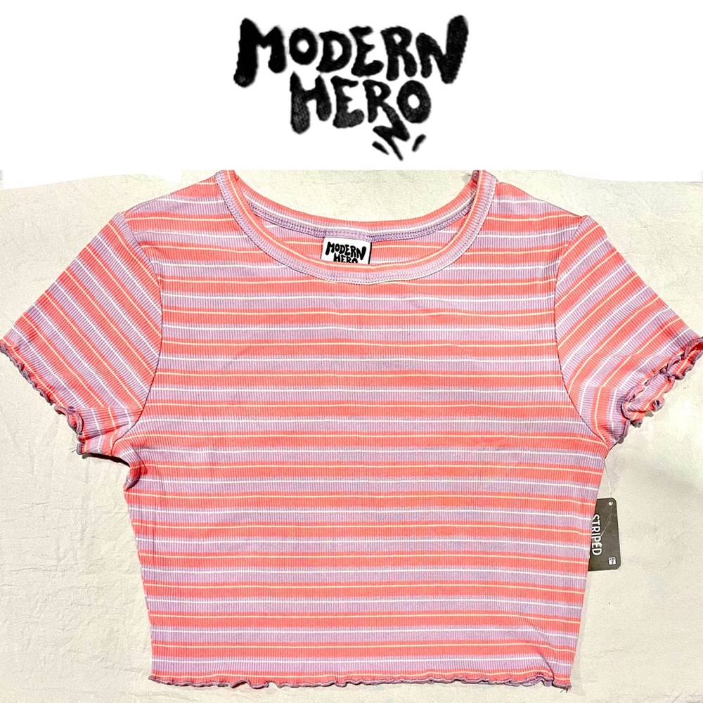 MODERN HERO N  pink and purple ribbed crop top shirt  size L NWT